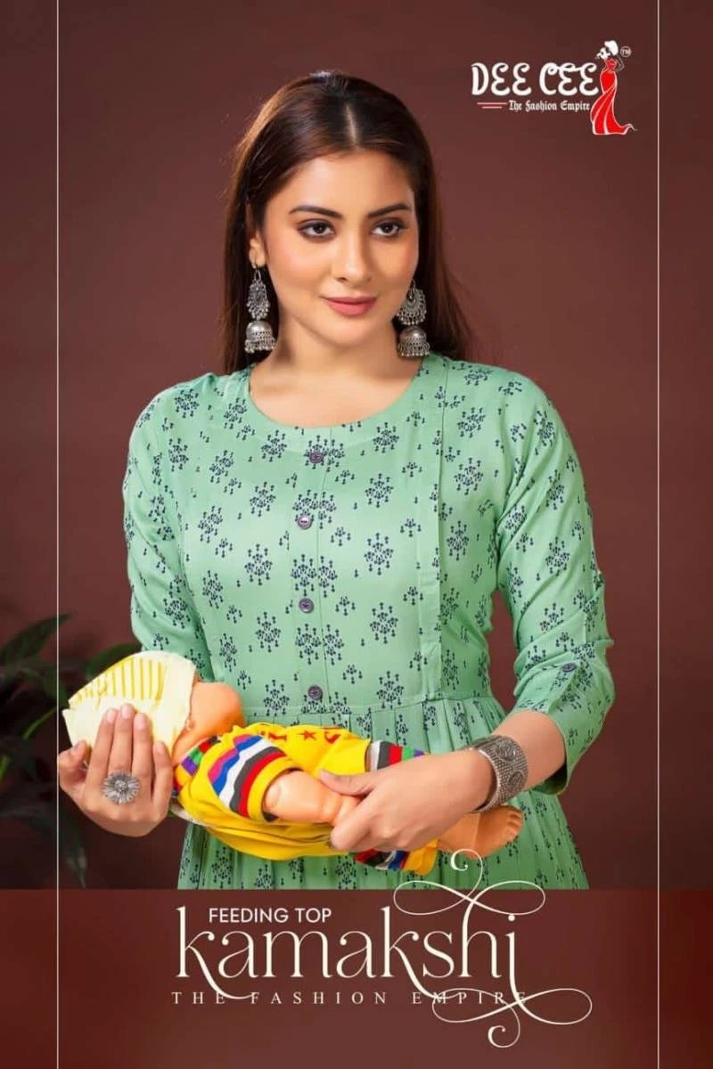 Deecee Kamakshi Rayon Flared Printed Long Feeding Kurti Collection