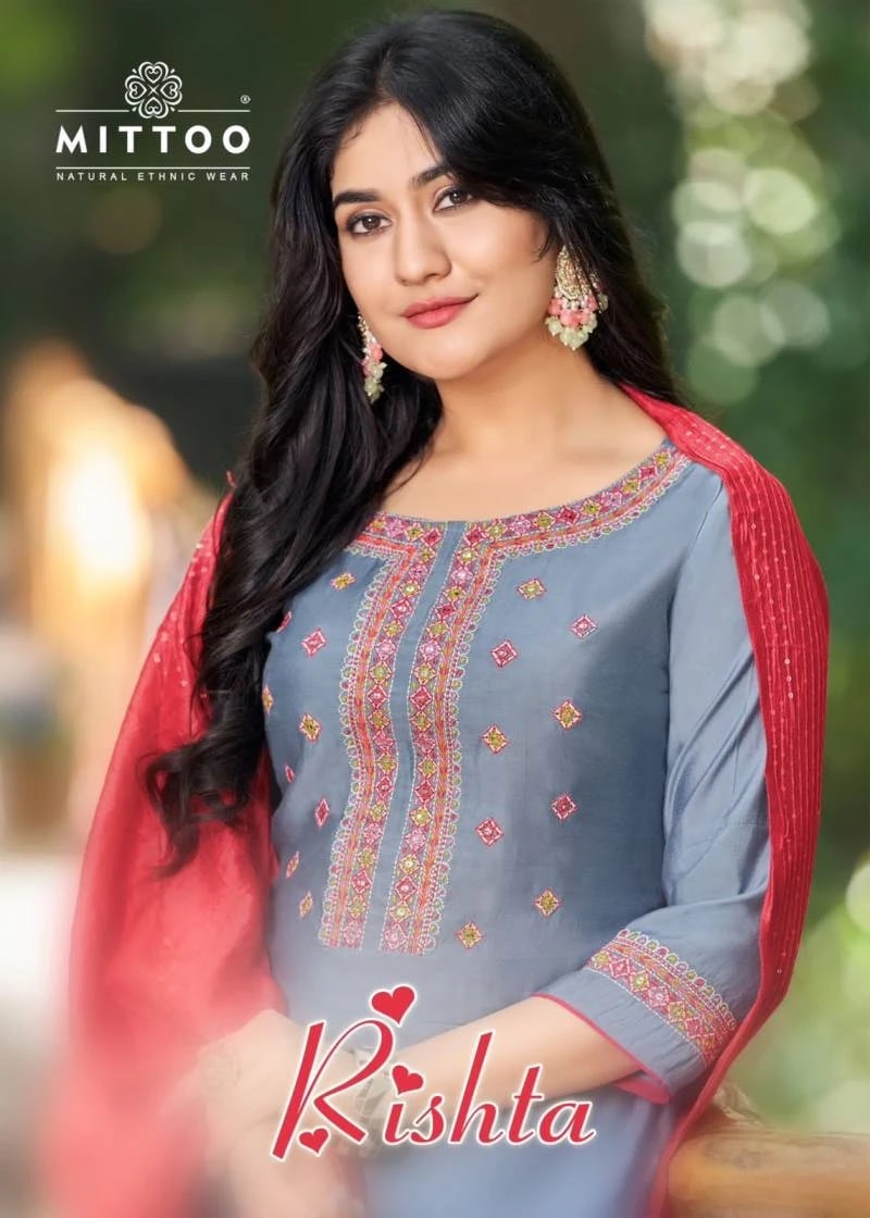 Mittoo Rishta Rayon Embroidery Kurti With Bottom Dupatta Collection