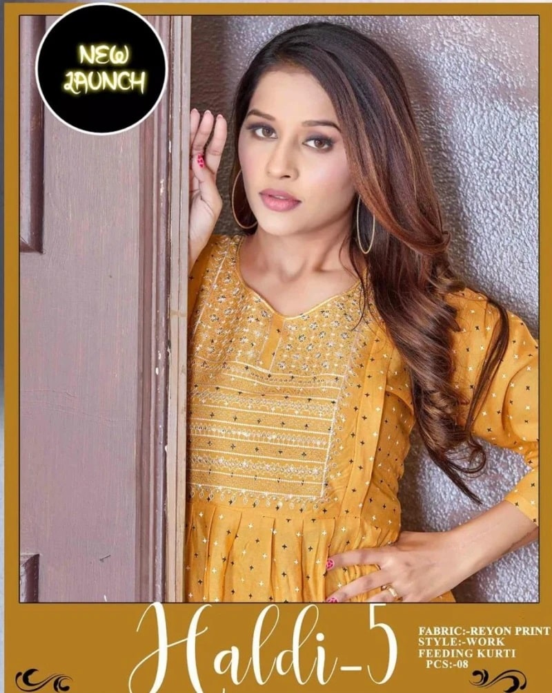 Jlf Haldi Vol 5 Rayon Sequence Nack Work Feeding Kurti Collection