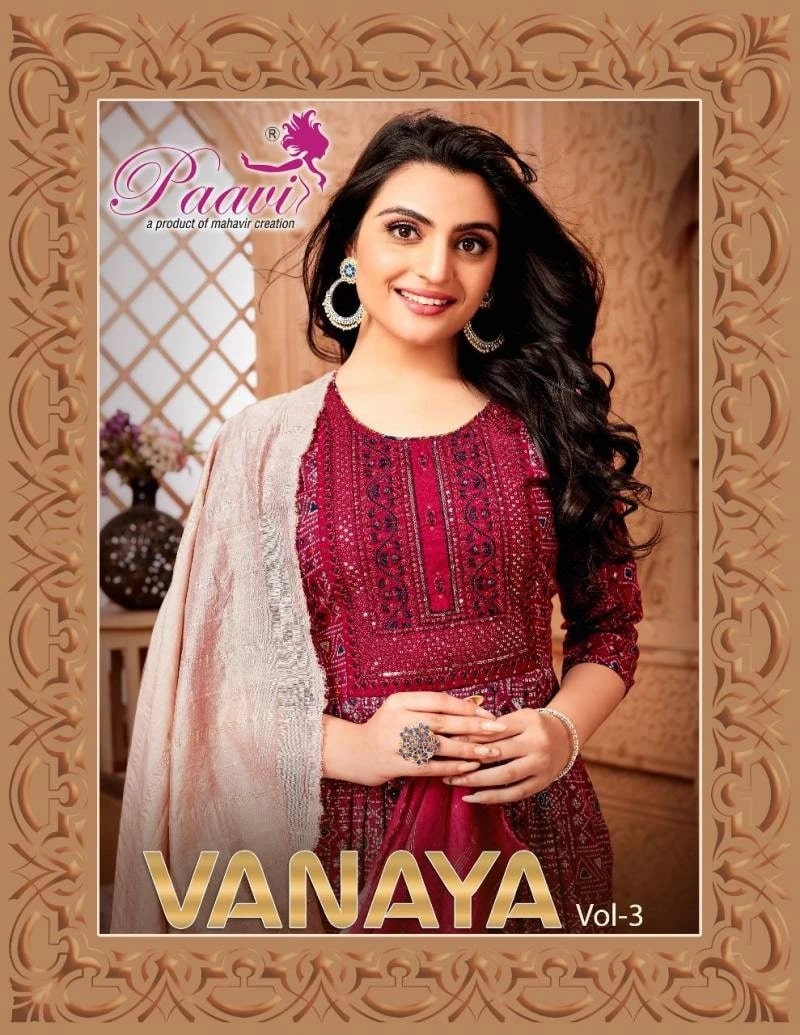 Paavi Vanaya Vol 3 Trendy Naira Cut Kurti Pant With Dupatta