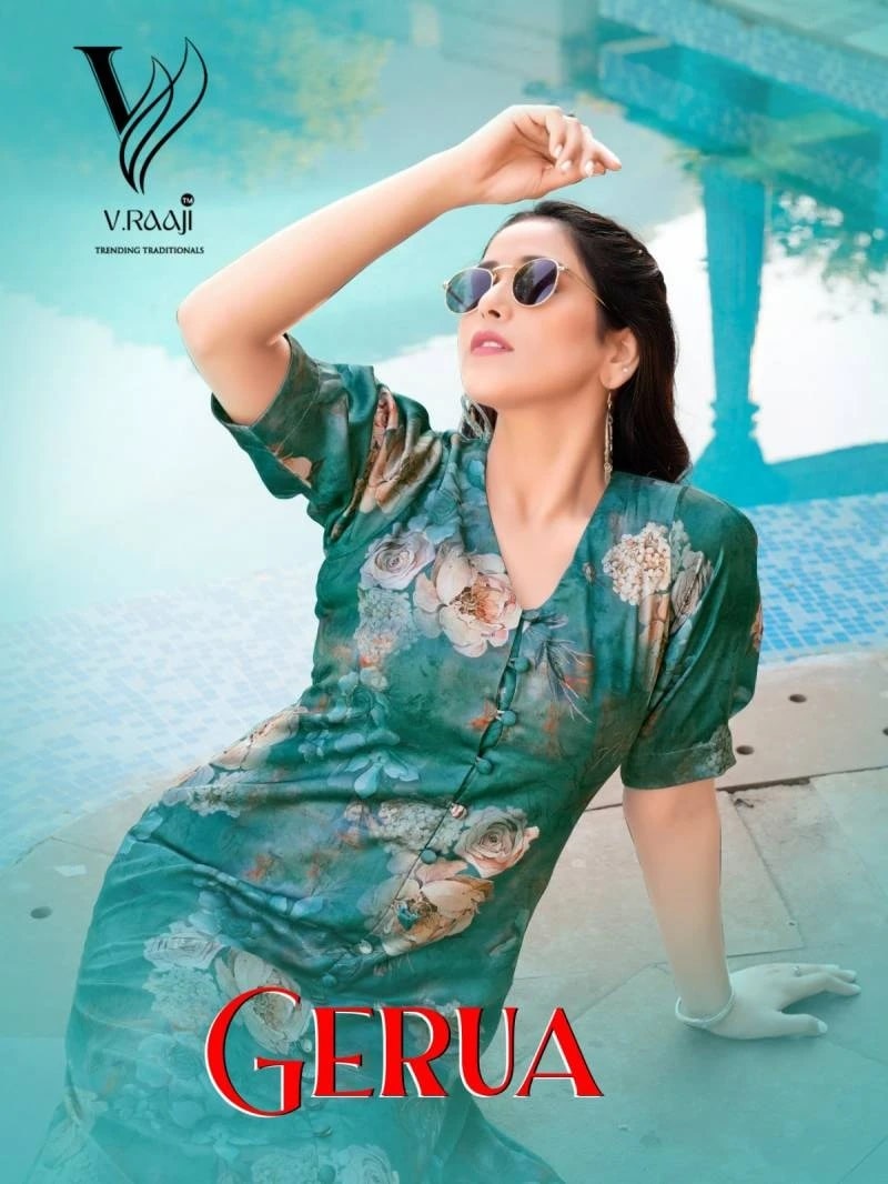 V Raaji Gerua Modal Satin Designer Printed Long Kurti Collection