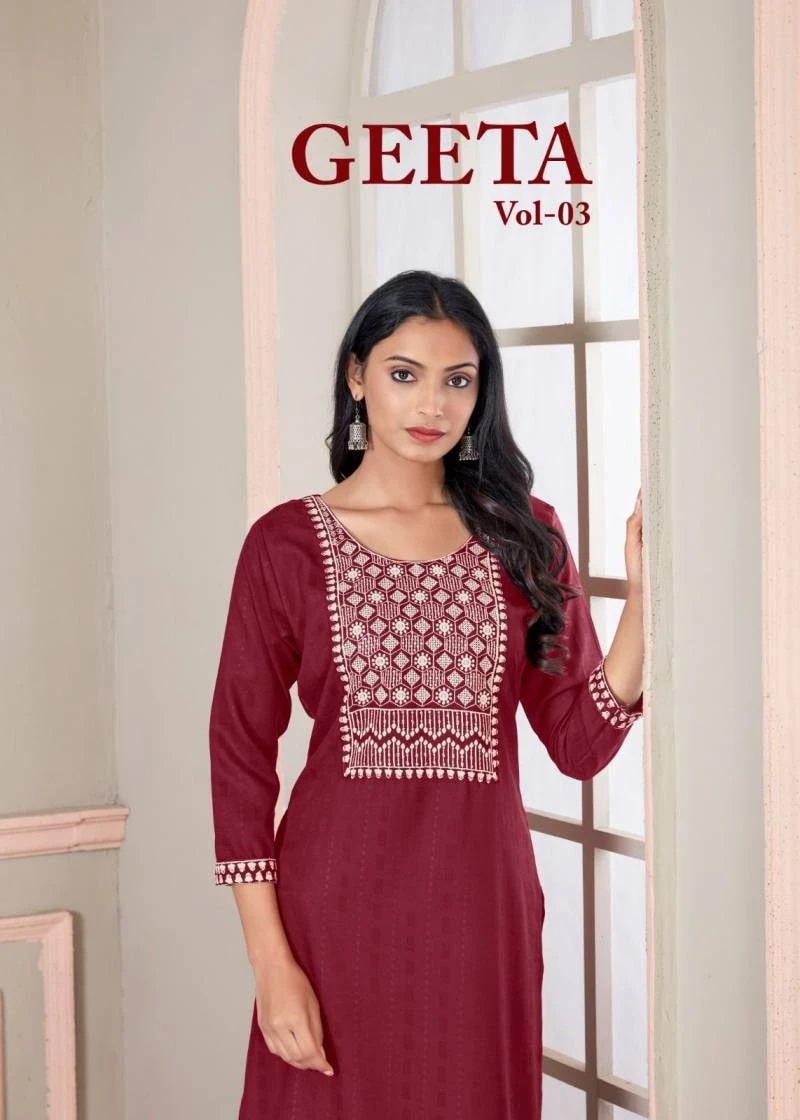 Sangeet Geeta Vol 3 Rayon Viscose Embroidery Work Kurti Collection