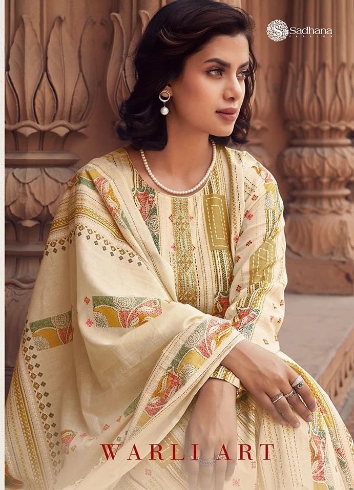 Sadhana Warli Art Cotton Fancy Embroidery Work Dress Material Collection