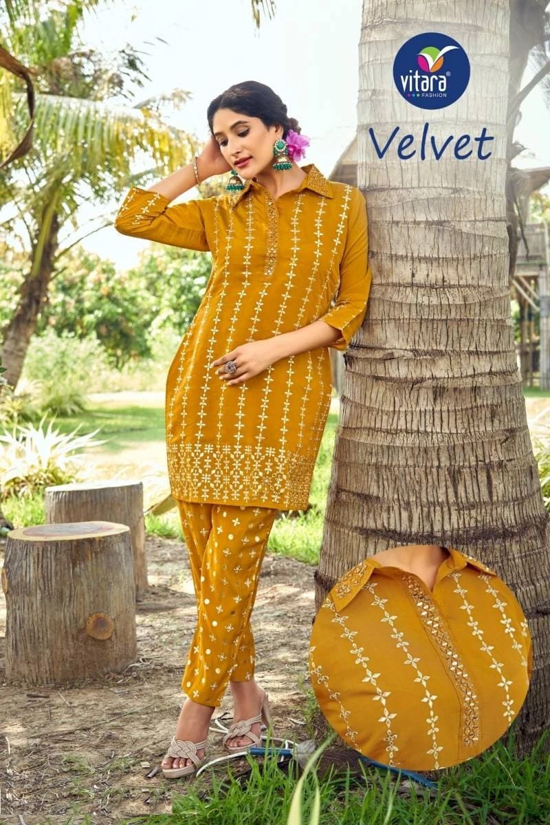 Vitara Velvet Heavy Roman Silk Mirror Work Kurti With Bottom Collection