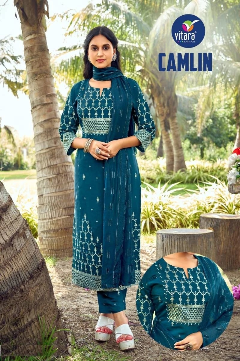 Vitara Camlin Foil And Mirror Work Roman Silk Kurti Set With Dupatta