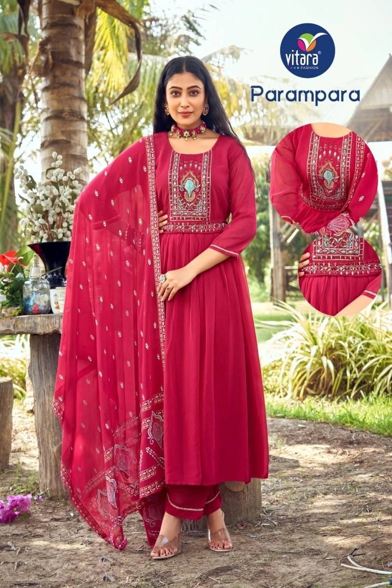 Vitara Parampara Mirror Work Fancy Kurti Set With Dupatta Collection