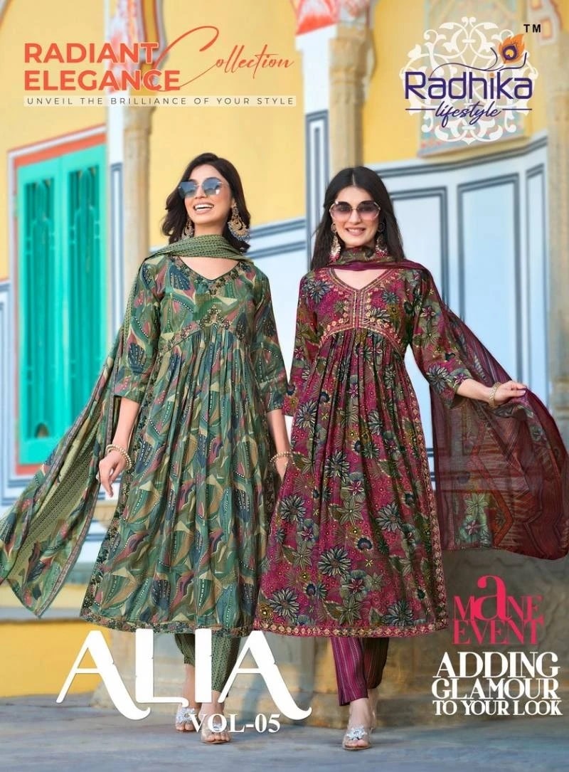Radhika Alia Vol 5 Alia Cut Printed Kurti Pant With Dupatta
