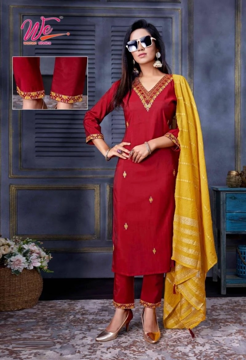 We Zia Roman Silk Fancy Neck Kurti With Bottom Dupatta Collection