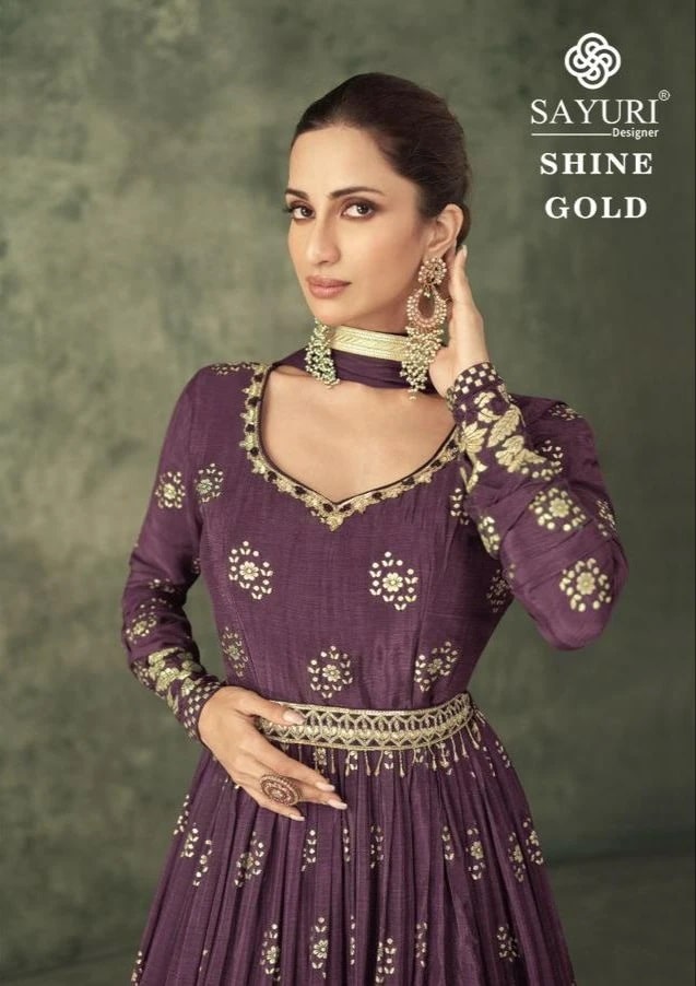 Sayuri Shine Golg Pure Viscose Designer Gown With Dupatta Collection