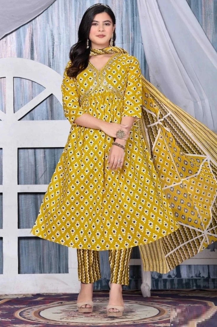 Golden So Stunning Cotton Kurti Pant With Dupatta Collection