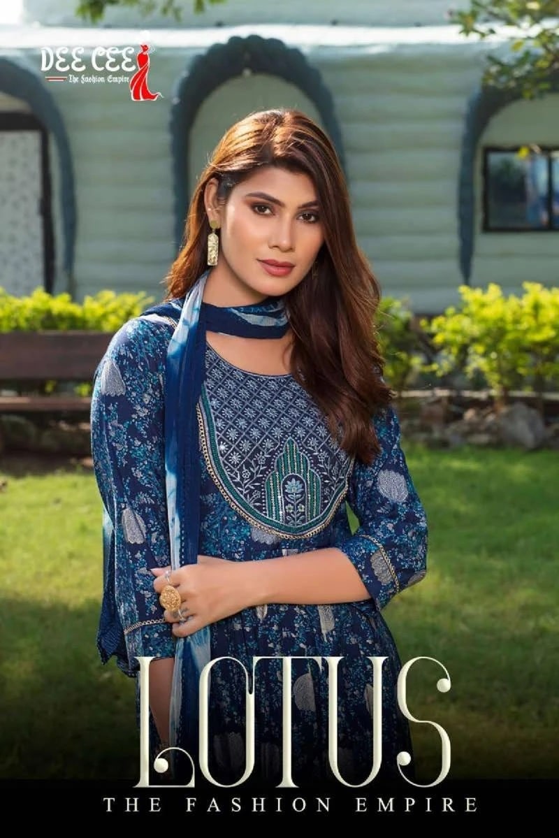Deecee Lotus Printed Designer Naira Cut Kurti Pant WIth Dupatta Collection