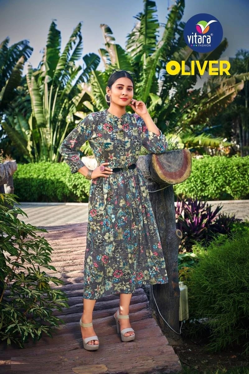 Vitara Oliver Rayon Rinkle Printed Fancy Kurti Collection