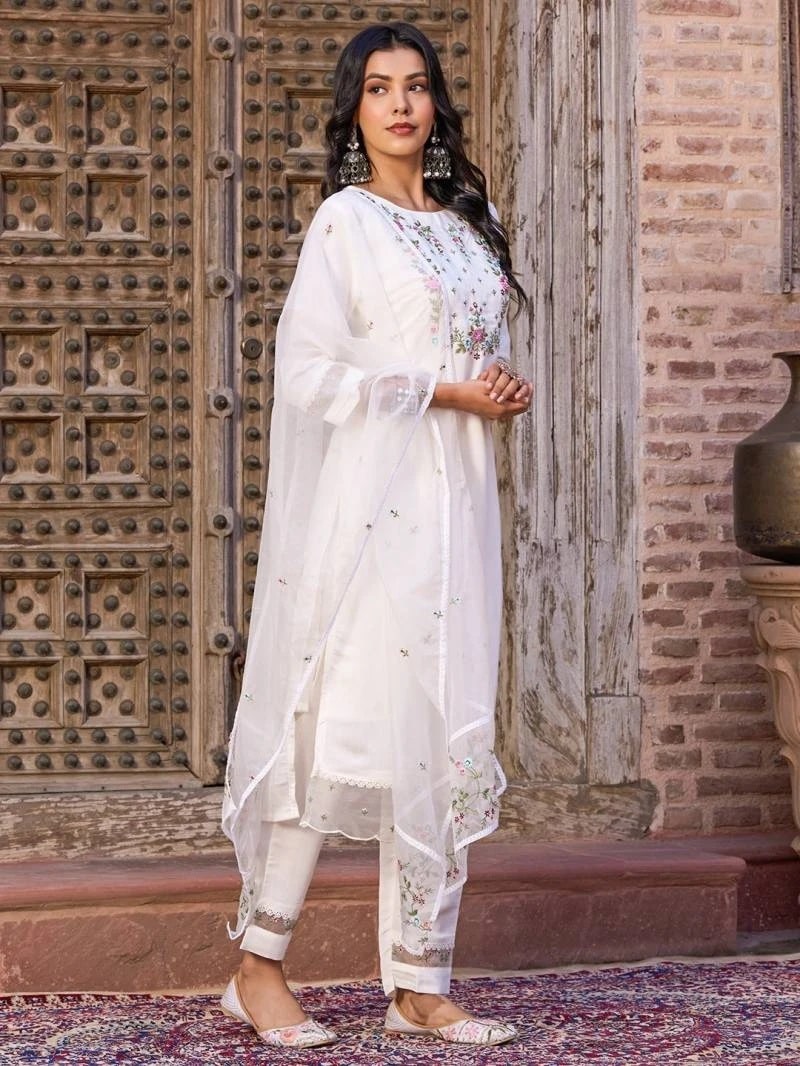 Vidya 01 Viscose White Kurti Set With Dupatta Collection