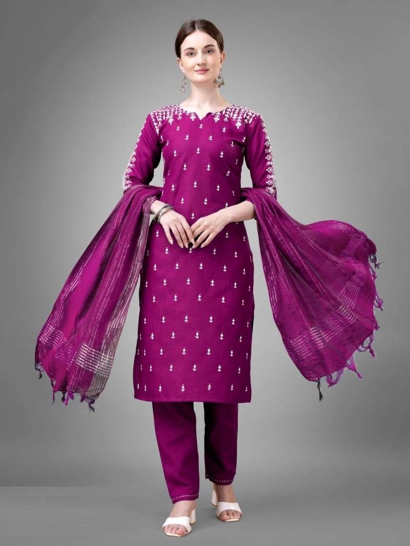 Kurti Set 1113 Pure Cotton Embroidery Kurti With Bottom Dupatta Collection