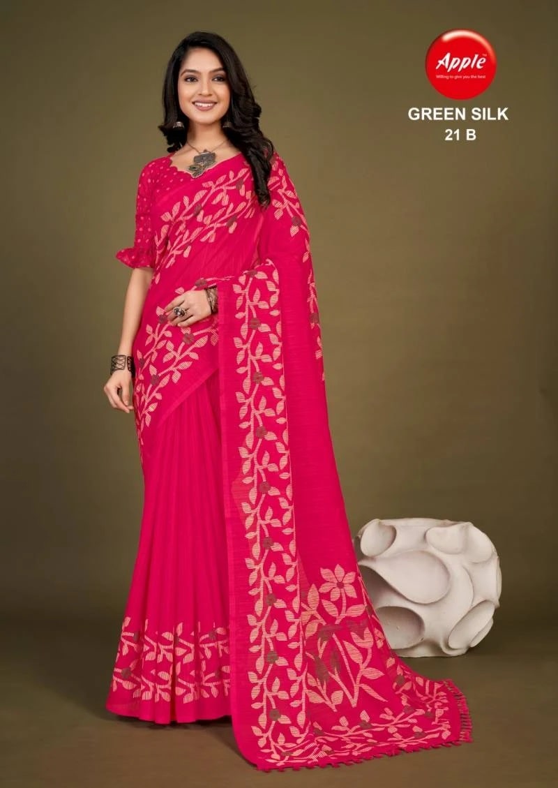 Apple Green Silk 21 Cotton Slub Designer Saree Collection