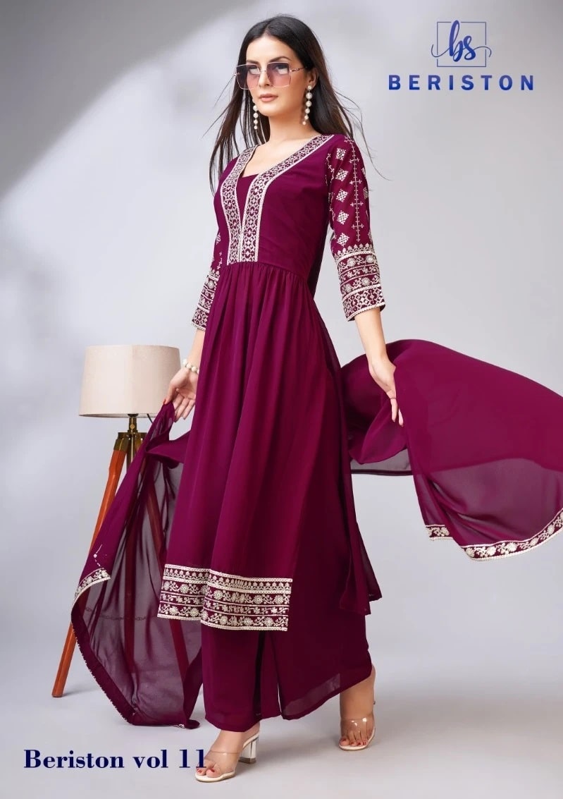 Beriston Bs Vol 11 Embroidery Work Kurti Palazzo With Dupatta Collection