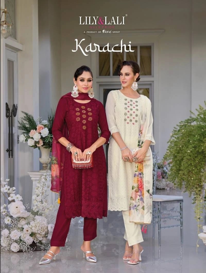 Lily And Lali Karachi Milan Silk Designer Kurti Bottom With Dupatta