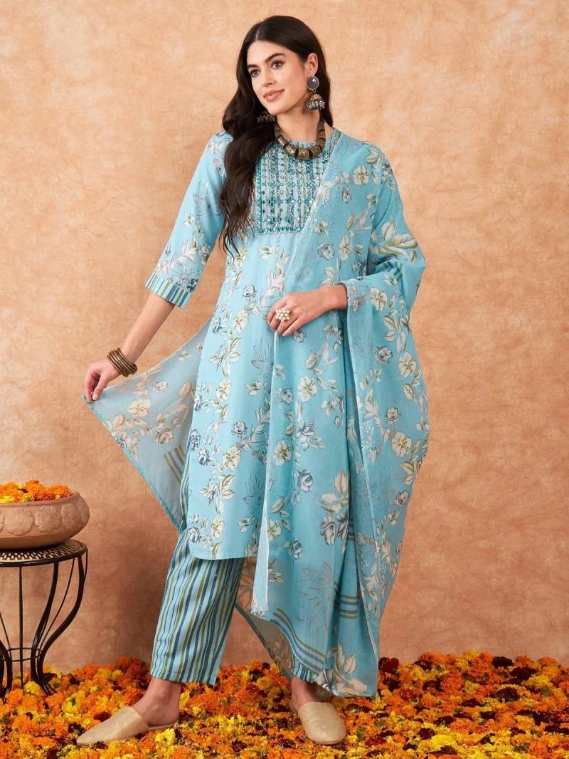 Indo Era 2382 Women Floral Cotton Kurti Bottom With Dupatta