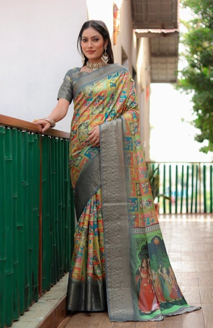 Sc Trishika Kalamkari Printed Dola Silk Saree Collection