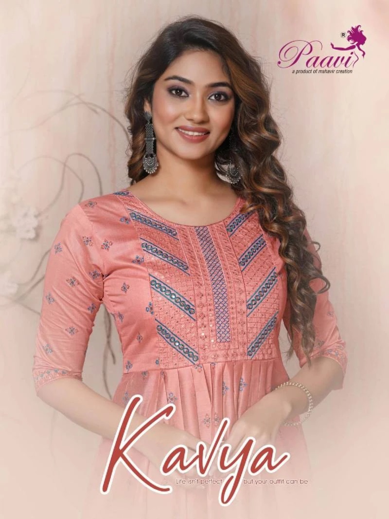 Paavi Kavya Designer Fancy Silk Naira Cut Kurti Collection