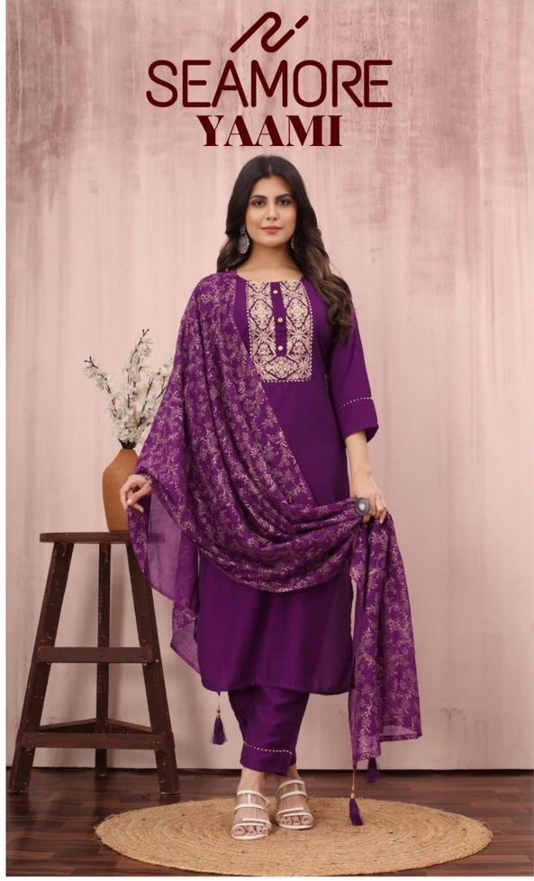 Seamore Yaami Chinnon Embroidery Kurti Set With Dupatta Collection