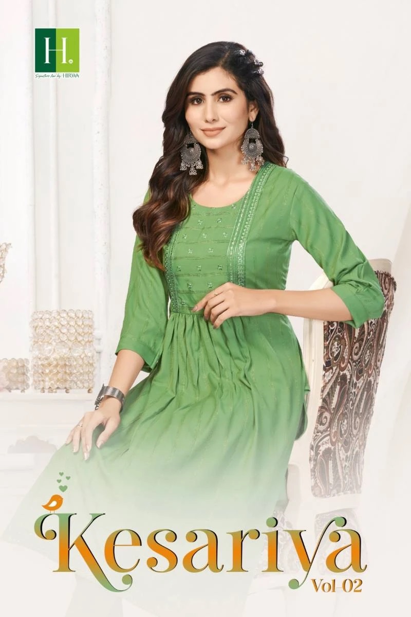 Hirwa Kesariya Vol 2 Embroidery Work Naira Cut Kurtis Collection