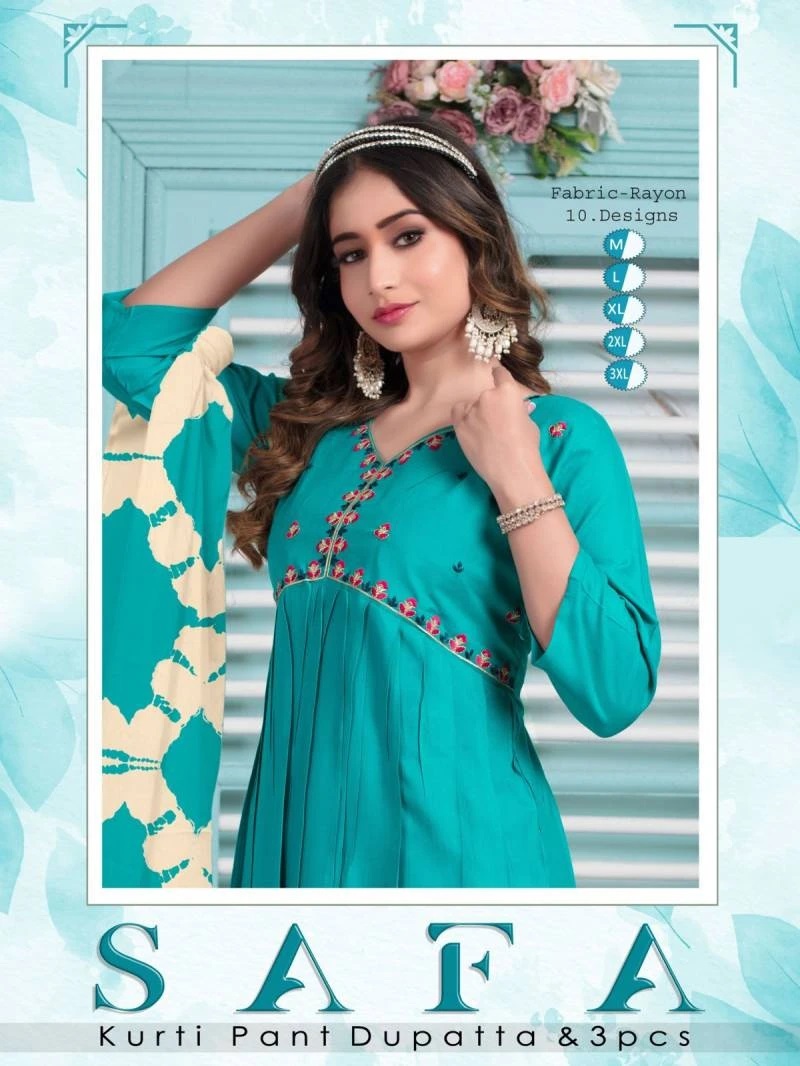 Ff Safa Vol 1 V Neck Embroidery Work Alia Cut Kurti Bottom With Dupatta