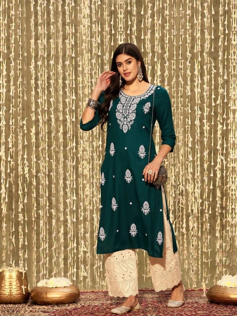 Indo Era 2434 Rayon Floral Yoke With Sequence Kurti Collection