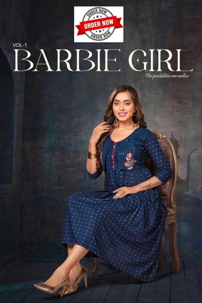 Jlf Barbie Girl Vol 1 Koti With Work Print Flaired Kurti Collection