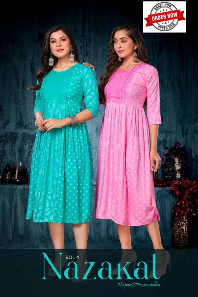 Jlf Nazakat Vol 1 Printed Flaired Kurti Wholesale