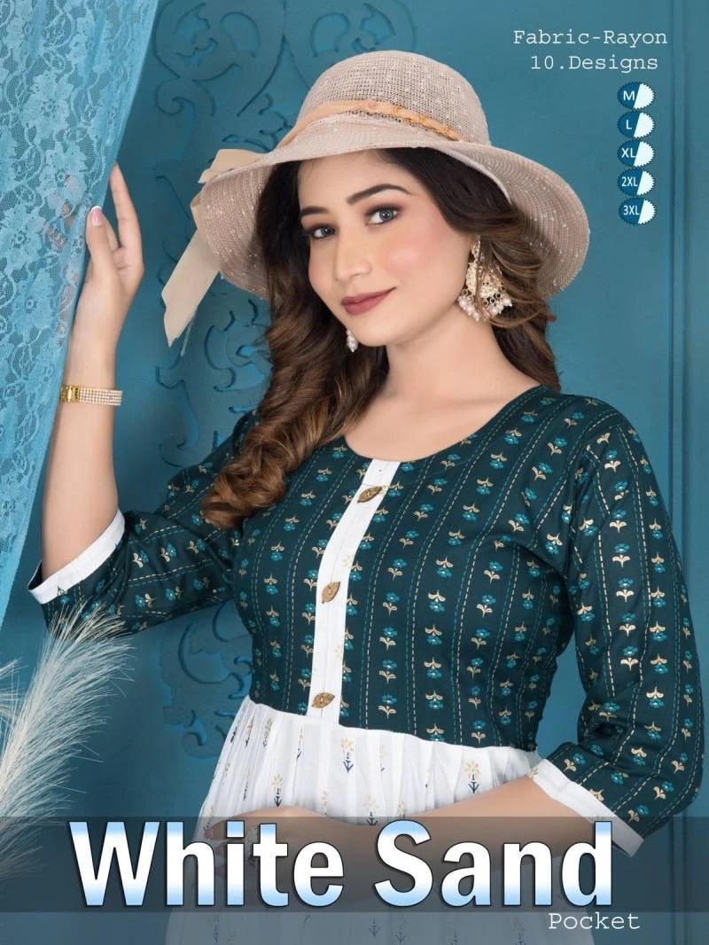 Ft White Sand Rayon Screen Printed Flaired Kurti Wholesaler