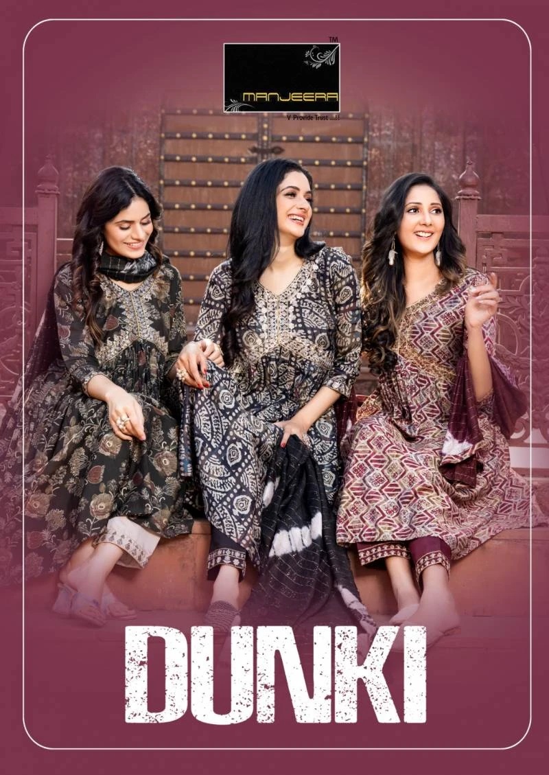 Manjeera Dunki Printed Aila Cut Kurti Pant With Dupatta Collection