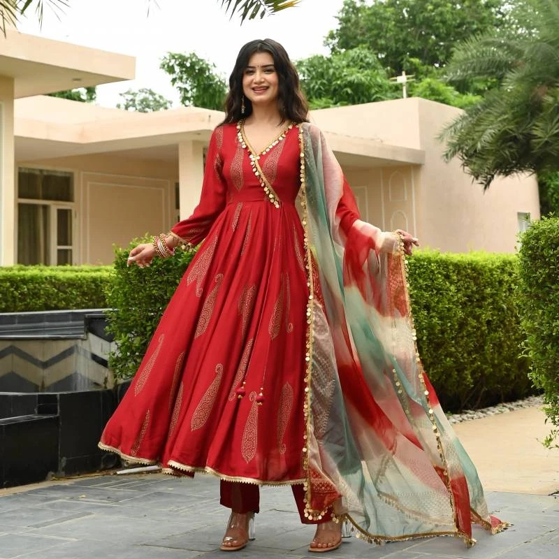 Dt Durga Red Printed Anarkali Kurti Pant And Dupatta Collection