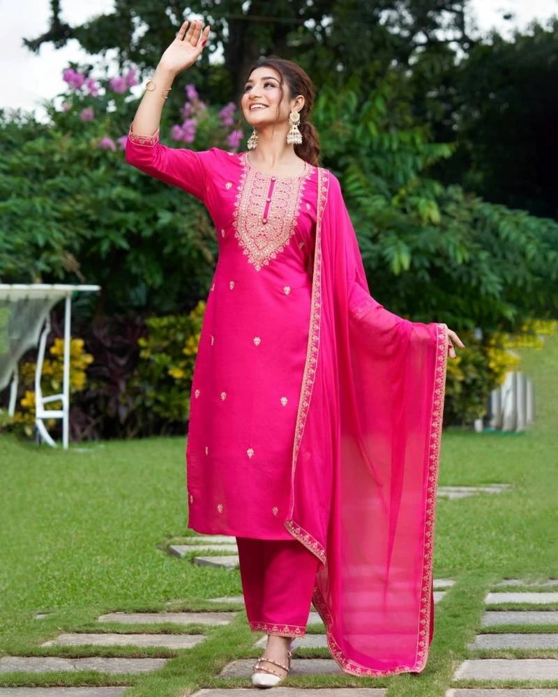 Indo Era 2413 Thread Embroidery Silk Kurta Pant And Dupatta Set