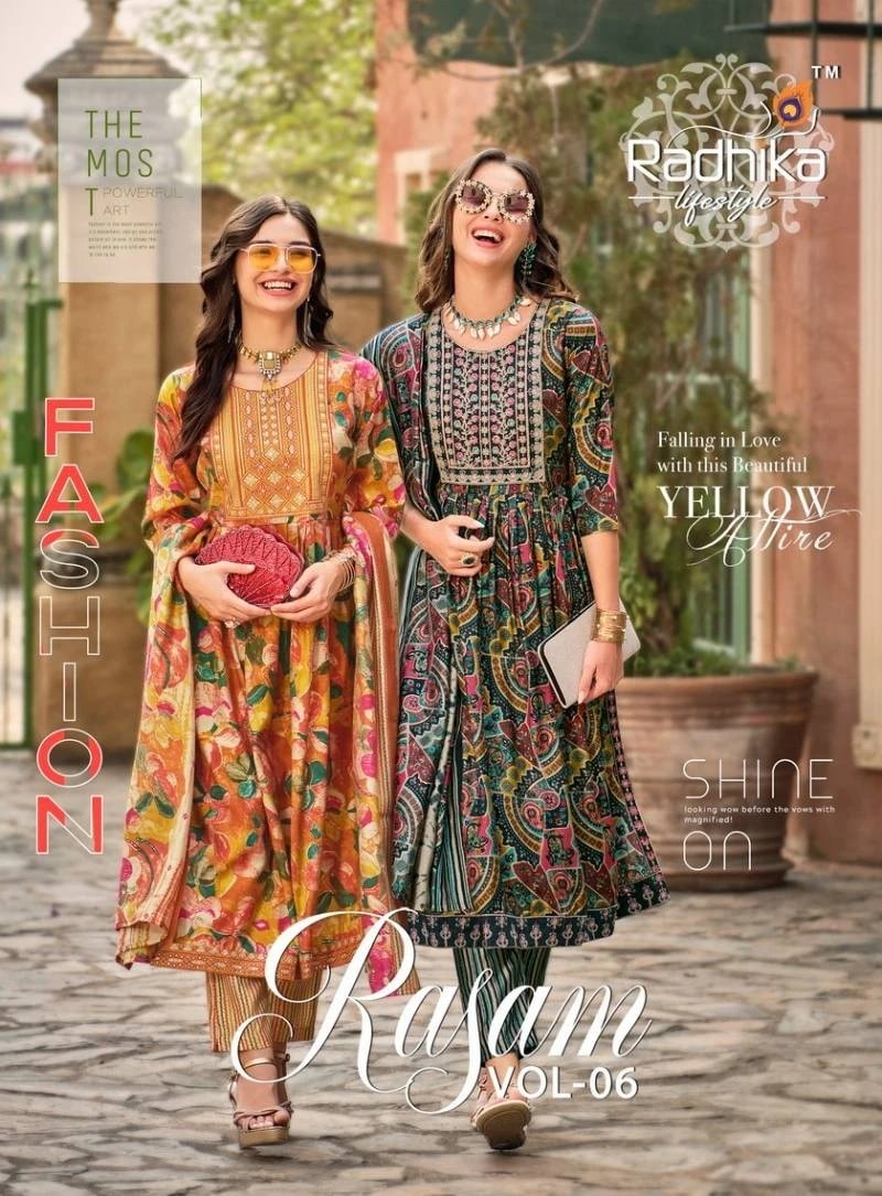 Radhika Rasam Vol 6 Printed Naira Cut Kurti Pant With Dupatta Set