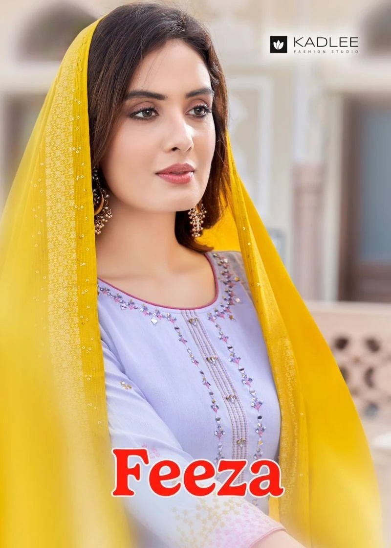 Kadlee Feeza Rayon Wrinkle Embroidery Kurti Pant With Dupatta Set