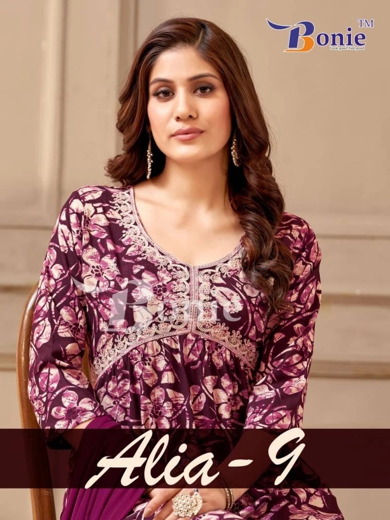 Bonie Alia Vol 9 Fancy Alia Cut Printed Kurti Pant With Dupatta Collection