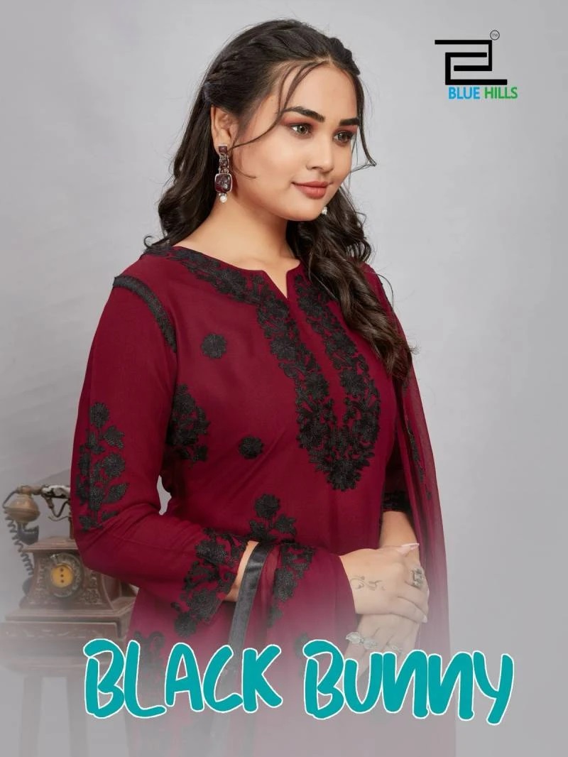 Blue Hills Black Bunny Thread Work Kurti Pant With Dupatta Collection