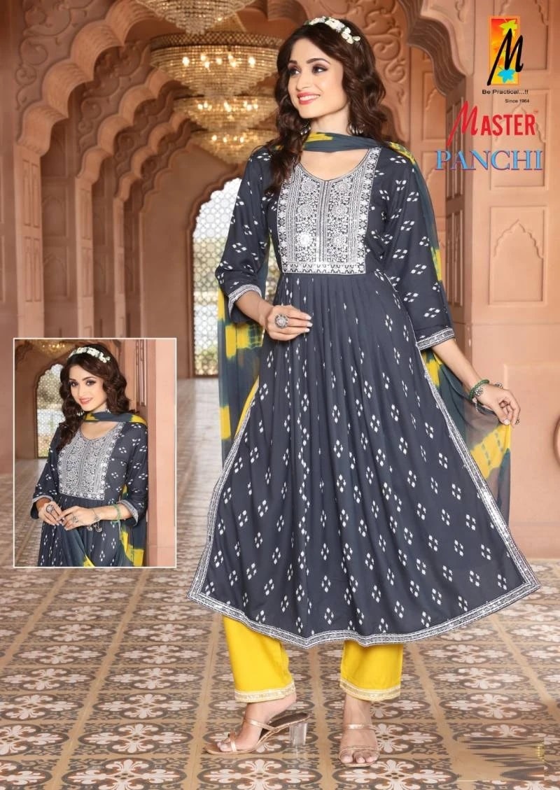 Master Panchi Rayon Print Nyra Cut Kurti With Bottom Dupatta Set