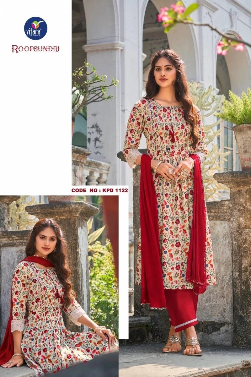 Vitara Roopsundri Cotton Readymade Kurti Pant With Dupatta Set