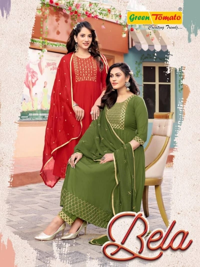 Green Tomato Bela Rayon Designer Kurti Pant With Dupatta Collection