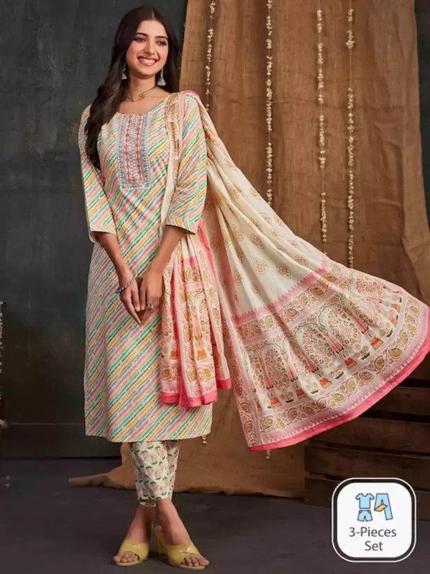 AD Designer Print Stright Pure Cotton Neck Work Kurti Pant With Dupatta Set