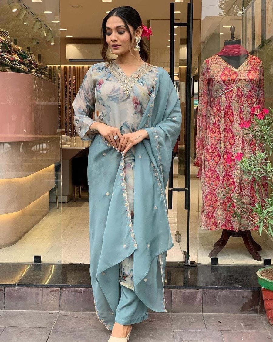 MF Embroidery Work V Neck Kurti Pant With Dupatta Collection