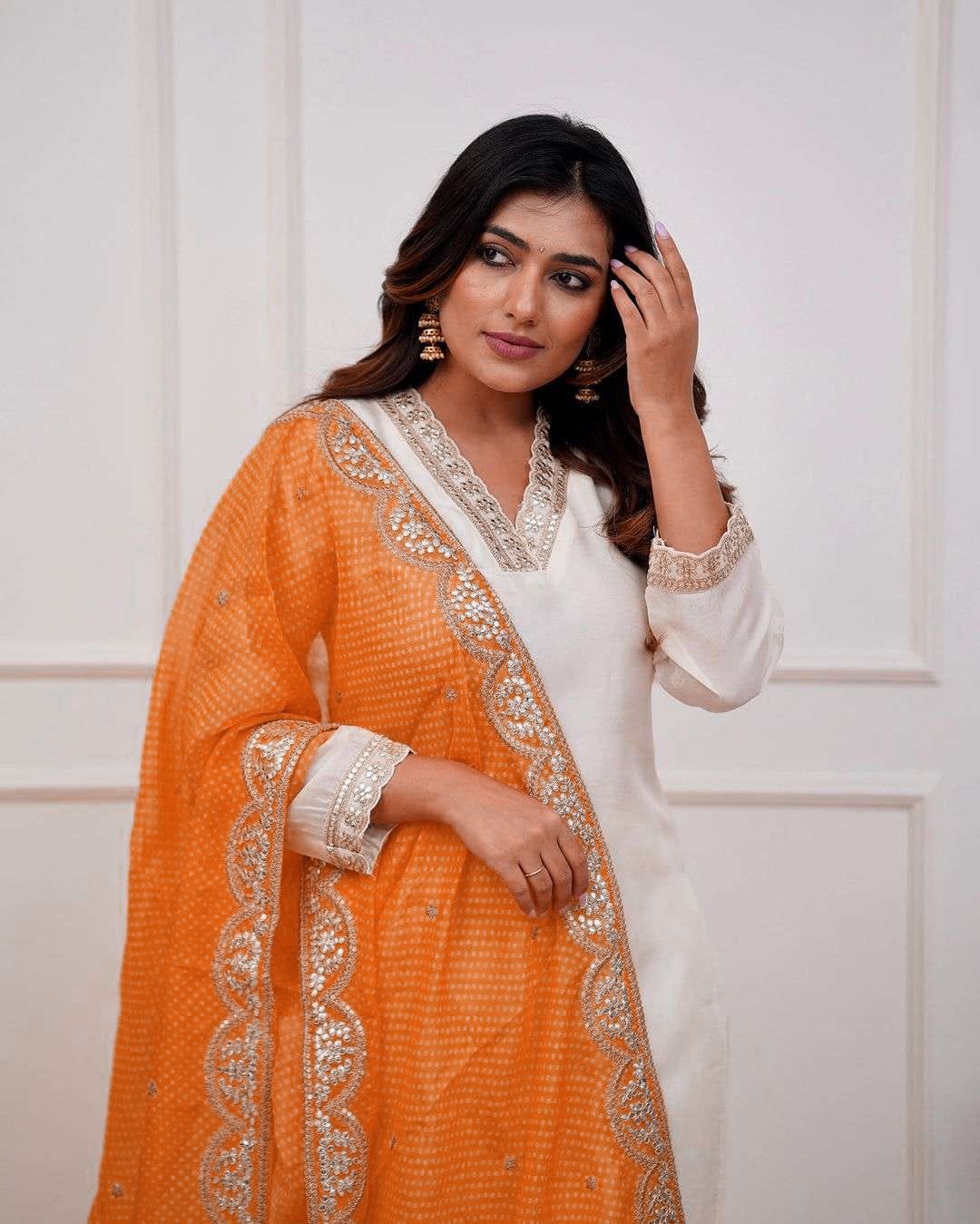 AK Beautiful Heavy Embroidery V Neck Kurti Pant With Dupatta Collection