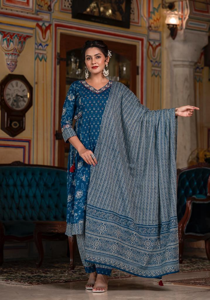 AK Full Embroidery Hand Mirror Work Afghani Kurti Pant With Dupatta