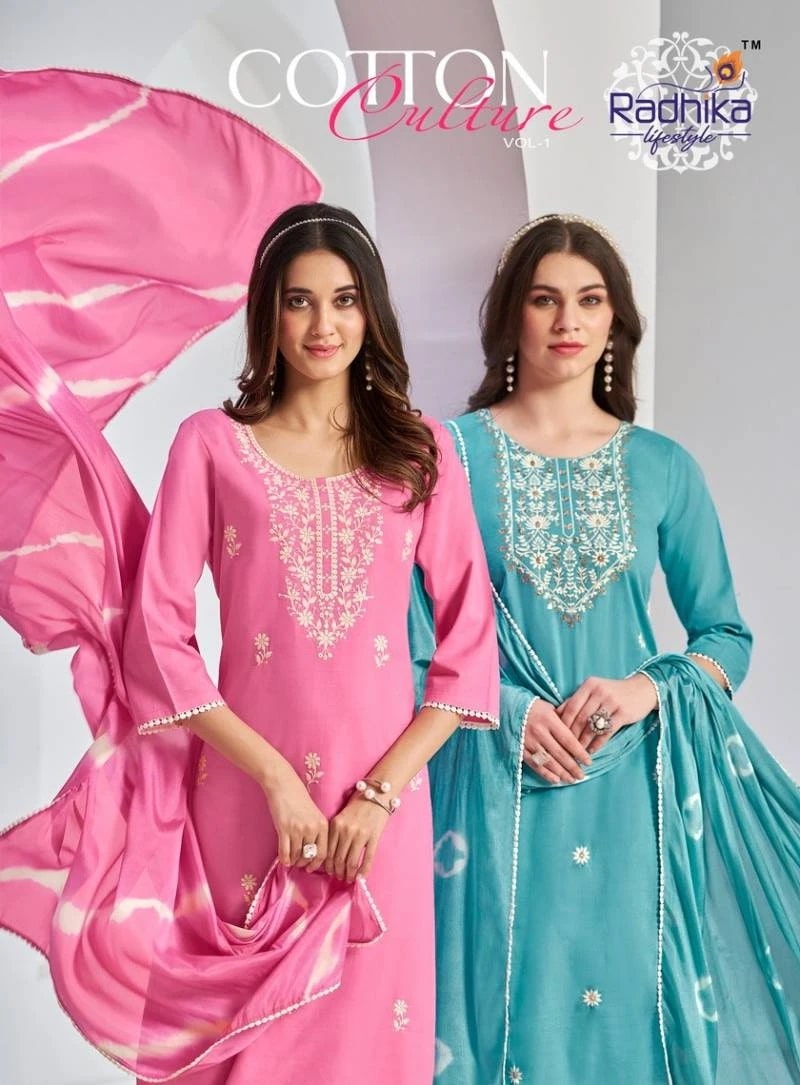 Radhika Cotton Culture Vol 1 Embroidery Cotton Kurti Pant With Dupatta