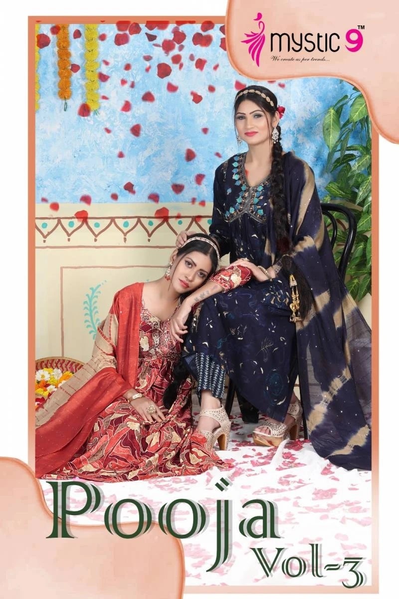 Mystic 9 Pooja Vol 3 Aila Cut Printed Kurti Bottom With Dupatta Collection