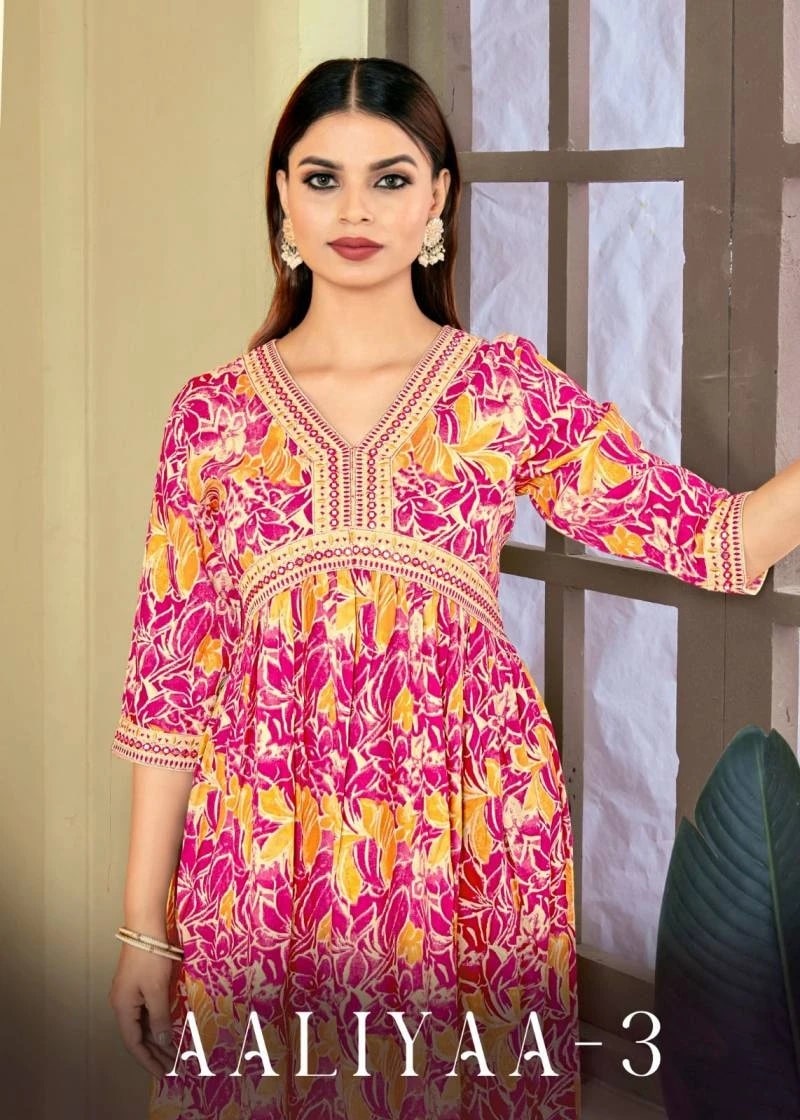 Aaliyaa 3 Rayon Mirror Work Aila Cut Kurti Collection