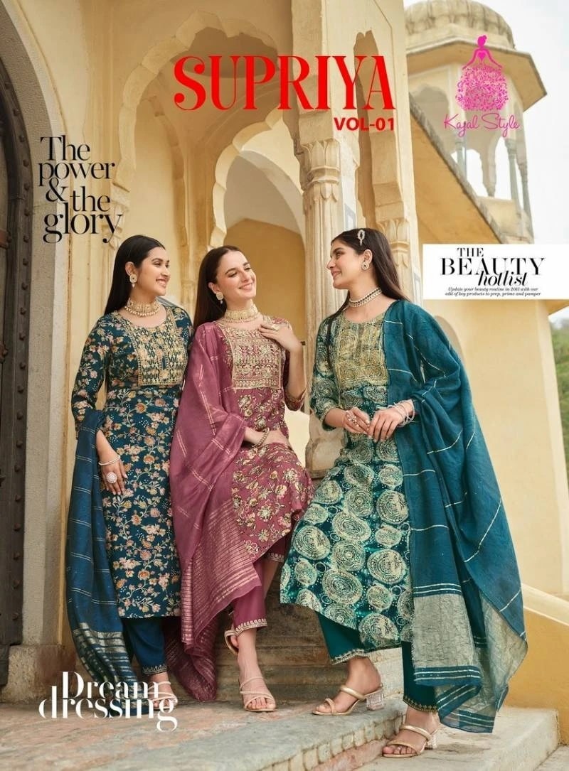 Supriya Vol 1 By Kajal Style Embroidery Kurti Pant With Dupatta