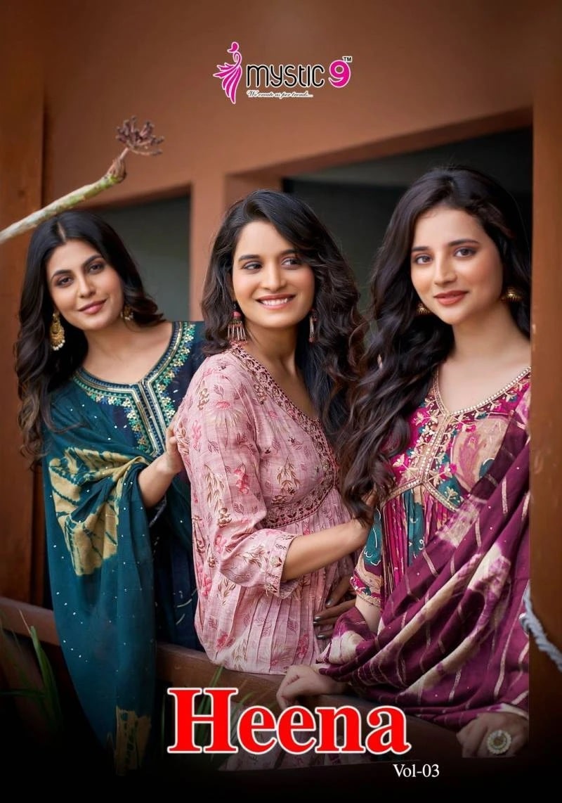 Mystic 9 Heena Vol 3 Aila Cut Kurti Bottom With Dupatta Collection